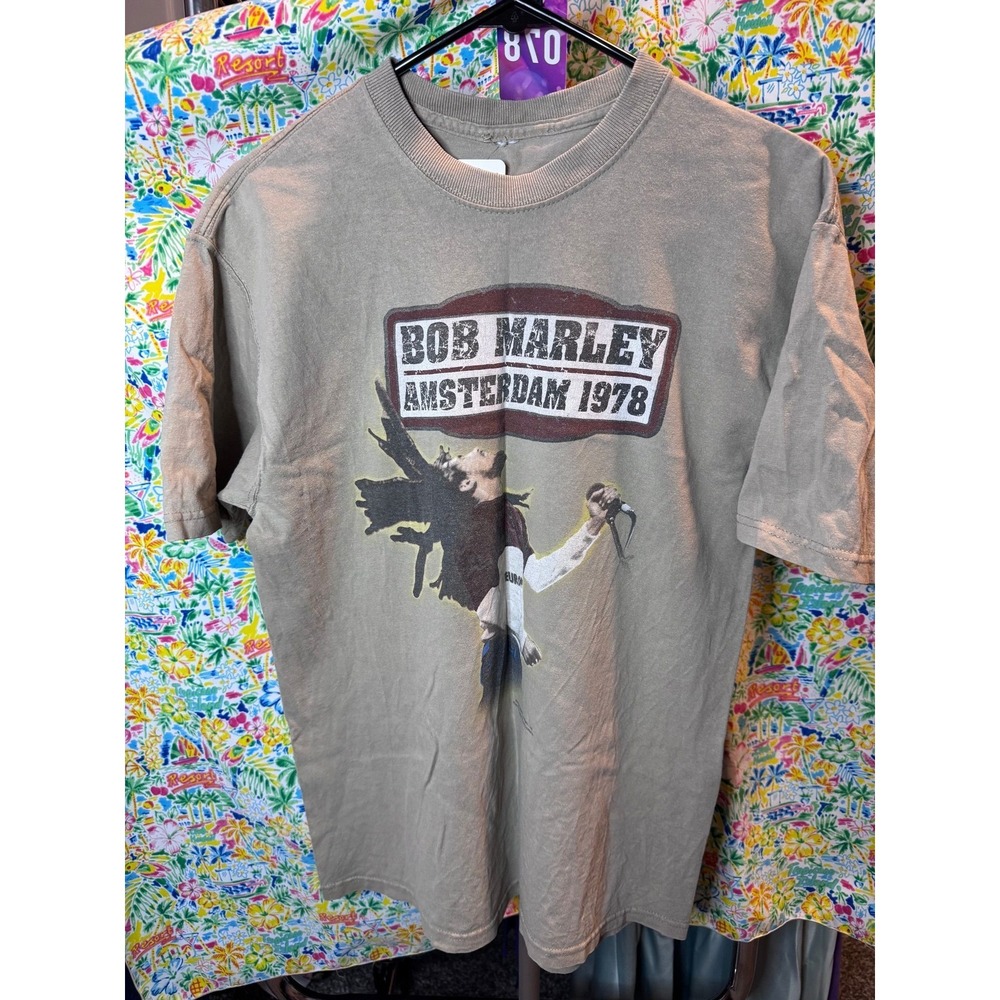 078 Bob Marley Amsterdam 1978 Graphic T-Shirt Tan Mens Medium Reggae Band Tee